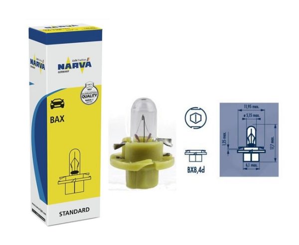 Prietaisų skydelio apšvietimo lemputė NARVA 17047, 12V, 1.3W, BX8,4d – žalia (1vnt)