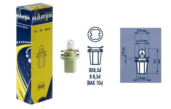 Prietaisų skydelio apšvietimo lemputė NARVA 17052, 12V, 2W, BX8,5d – žalia (1vnt)