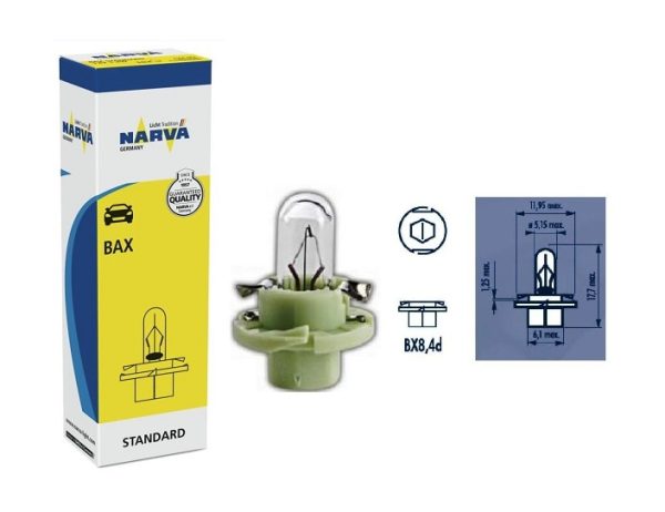 Prietaisų skydelio apšvietimo lemputė NARVA 17054, 12V, 2W, BX8,4d –  žalia (10vnt)