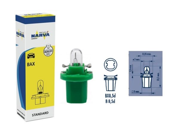 Prietaisų skydelio apšvietimo lemputė NARVA 17057, 12V, 2W, BX8,5d – žalia (1vnt)