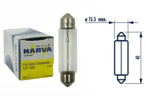 T10,5 x 43 Narva 17314 Halogeninės lemputės 12V, 10W, SV8,5 (2vnt)