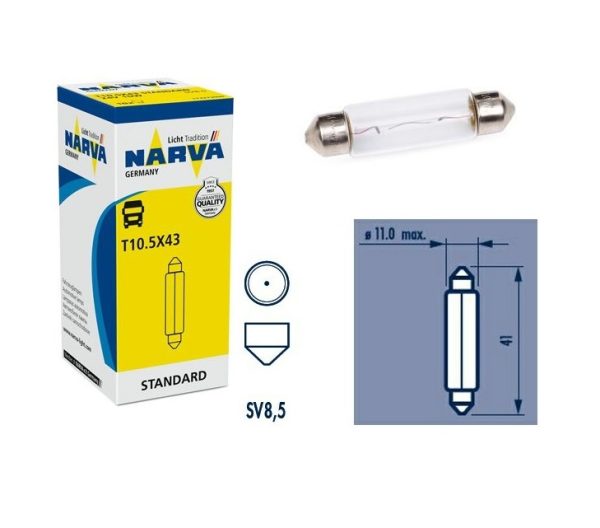 T10,5 x 43 Narva 17327 lempučių komplektas 24V, 10W, SV8,5 (10vnt)