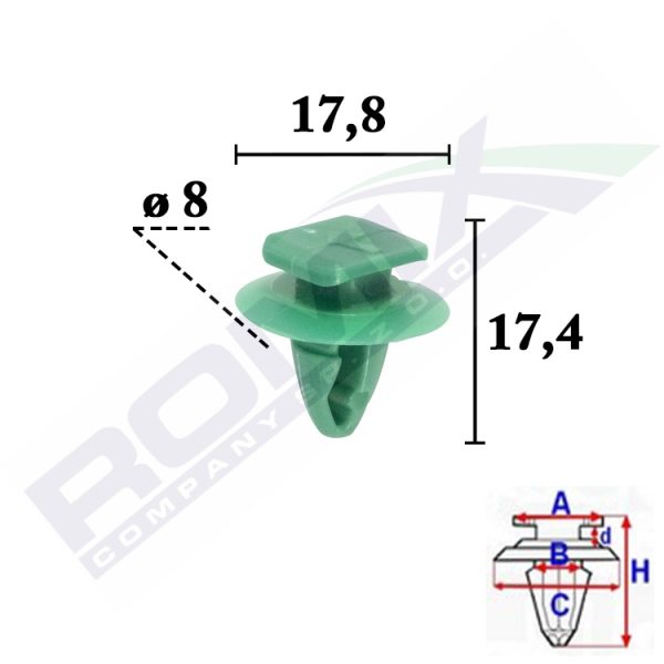Romix C70560 Plastmasiniai laikikliai, Įspaudžiami su galvute Ø 8mm skylei (5vnt) Fiat, Jeep
