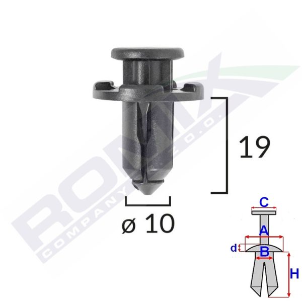 Romix C70195 Plastmasiniai laikikliai, Įspaudžiami su galvute Ø 10mm skylei (10vnt) Subaru, Tesla