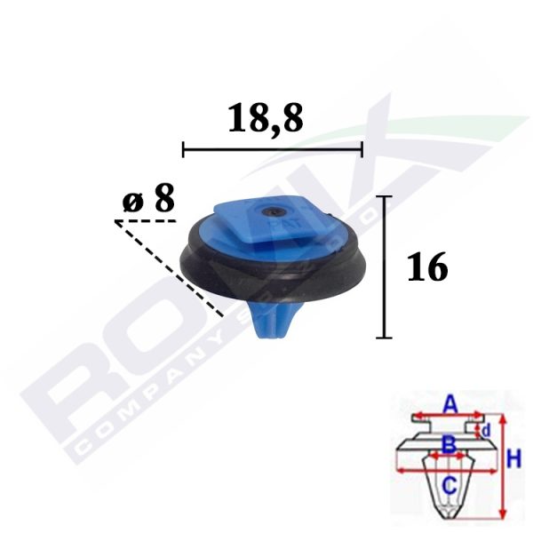 Romix C70561 Plastmasiniai laikikliai, Įspaudžiami su galvute Ø 8mm skylei (10vnt) Fiat, Jeep